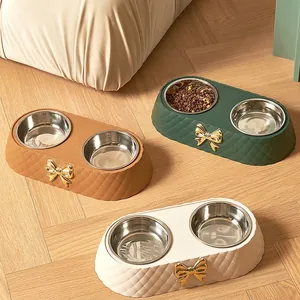 Double Bol De Luxe Pour Animaux Avec Nœud Papillon Doré Mangeoire Détachable En Acier Inoxydable Pour Chiens Et Chats