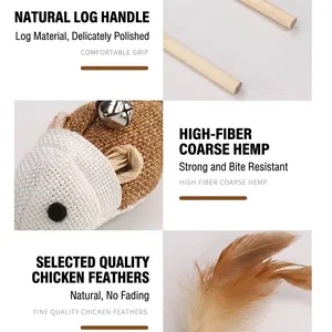 Features of cat teaser wand including wooden handle, coarse hemp fabric, and natural feathers