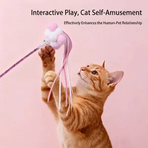 Interactive cat teaser wand with pink plush ball and long ribbons for active play