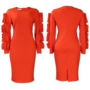 Front and back view of an elegant orange long-sleeved dress with ruffled cutout sleeves.