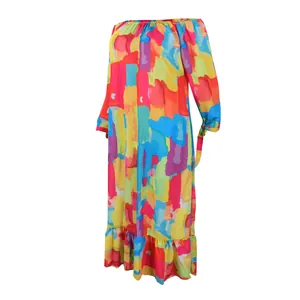 Detailed view of colorful abstract print off-the-shoulder long sleeve maxi dress with ruffles