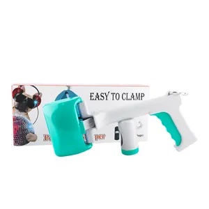 Portable pet pooper scooper with clamp handle and turquoise waste collection box
