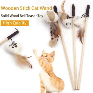 Durable wooden cat teaser wand set with interactive linen toys and natural feathers