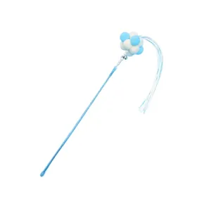 Premium cat teaser wand with blue and white pom-poms, silver bell, and long tassels