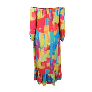 Back view of a colorful off-shoulder printed maxi dress with long sleeves and ruffled hem