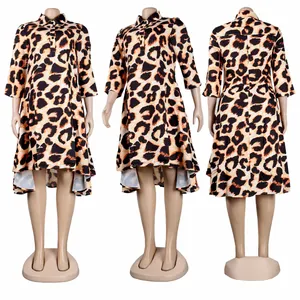Leopard print button-up shirt dress with high-low hem shown in three angles