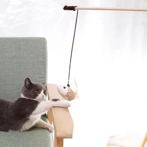 Interactive cat teaser toy with natural wooden wand and linen mouse for playful pets