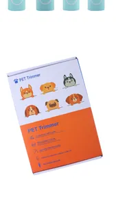 Detail view of pet trimmer packaging showing key features and rechargeable USB power