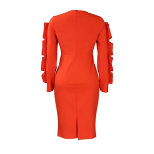Back view of elegant orange long sleeve midi dress featuring unique ruffled sleeve details