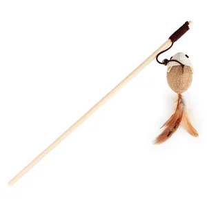 Linen mouse wooden cat teaser wand with natural feathers for cat interactive play