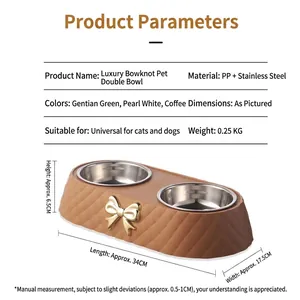 Double gamelle pour animaux avec inserts en acier inoxydable et décor nœud élégant