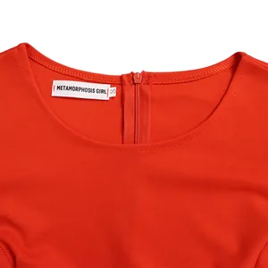 Close-up detail of the neckline and size label on a vibrant red plus-size dress