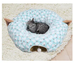 Soft blue and white heart pattern foldable cat tunnel bed with hanging white toy ball