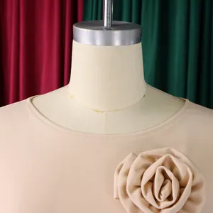 Gros plan détaillé de la rose en tissu 3D sur une robe élégante à col rond grande taille