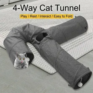 Faltbarer 3-Wege Katzentunnel 4-Loch Pet Play Tube Mit Hängendem Ball Strapazierfähiger Grauer Canvas Tunnel Spielzeug Für Katzen