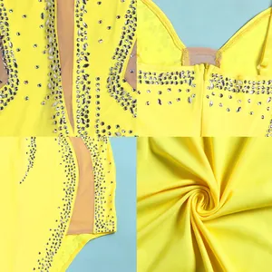 Detail views of yellow rhinestone dress showing mesh panels and fabric texture