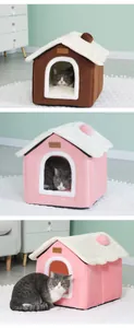 Cozy house-shaped cat bed in pink and brown plush fabric showing interior and exterior details