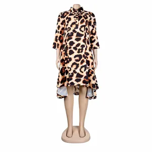 Front view of leopard print shirt dress with high-low hem displayed on a mannequin