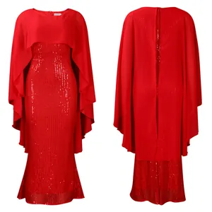 Rotes Pailletten-Abendkleid mit Chiffon-Cape-Overlay, Vorder- und Rückansicht im Detail.