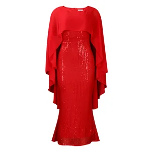 Rotes Pailletten-Maxikleid mit elegantem Chiffon-Cape für stilvolle Abendveranstaltungen.