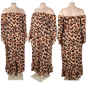 Detailed views of an off-the-shoulder leopard print maxi dress from multiple angles