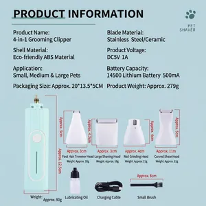 Professional 4-in-1 cordless pet grooming kit with hair shaver and nail grinder attachments