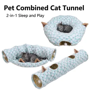 Foldable Cat Tunnel Bed Blue White Heart Pattern Plush Interactive Pet Toy Tunnel For Cats Kittens Playing Sleeping