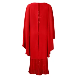 Rückansicht des eleganten roten Chiffon-Capes mit Paillettenrock für Bankette