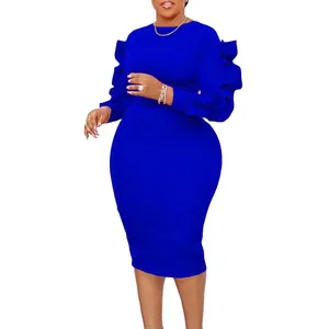 Elegant royal blue plus size midi dress featuring stylish layered ruffle sleeve details