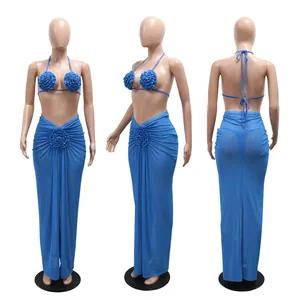 Blue 3-piece bikini set with 3D flower accents, shown in front, side, and back views