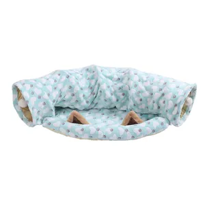 Foldable cat tunnel bed with blue heart pattern and cute ear design for indoor pets