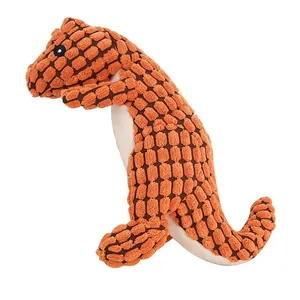 Durable textured orange dinosaur squeaky plush dog toy for pet teething and play