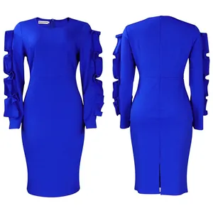 Front and back view of elegant royal blue plus size dress with ruffle sleeve details