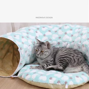 Soft blue and white heart patterned foldable cat tunnel bed and play mat with plush lining