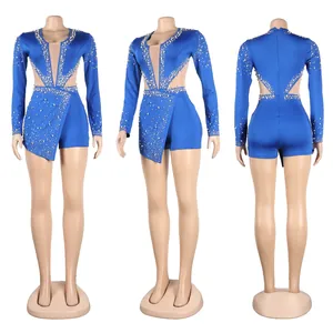 Tutina sexy blu reale a maniche lunghe con perle e ritagli in rete trasparente per feste