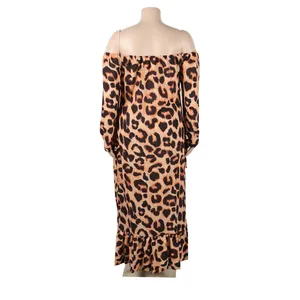 Back view of a leopard print off-the-shoulder maxi dress with long sleeves and ruffles