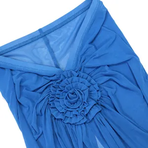 Close-up of blue halter bikini top featuring intricate 3D fabric flower decoration.