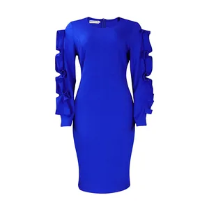 Front view of royal blue dress showcasing elegant silhouette and ruffled sleeve design