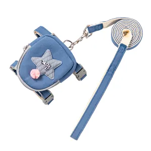 Arnés para perro azul denim con mini mochila y correa a juego para perros y gatos