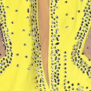 Detailed close-up showing silver rhinestones on yellow mesh sexy evening slip dress