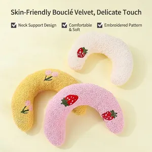 Soft bouclé U-shaped pet cervical pillow with cute fruit embroidery for small dogs and cats