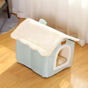 Soft plush house-shaped pet bed for cats and dogs in cozy light blue and cream white