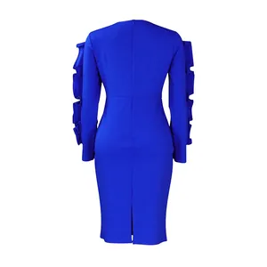 Detail showing the back of a royal blue bodycon dress with ruffles and back slit design