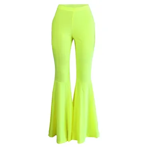 Pantalones de club sexis amarillo neón ajustados con dobladillo acampanado con volantes