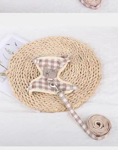 Comfortable plaid cotton cat harness and leash set featuring a cute cat and flower patch detail