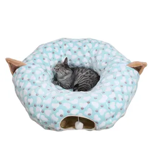Collapsible blue and white heart pattern cat tunnel bed with hanging plush toy ball