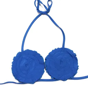 Detailed view of a blue halter bikini top featuring unique 3D circular ruffles