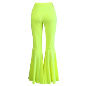 Pantalones de campana ajustados amarillo neón con dobladillo de volantes para mujer