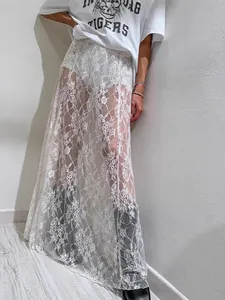 Jupe Longue en Dentelle Élégante pour Femmes Transparente en Maille Taille Haute Ligne A Jupe d'Été Streetwear