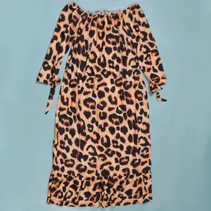 Sexy leopard print off-shoulder maxi dress with ruffle hem and tie-up sleeves detail